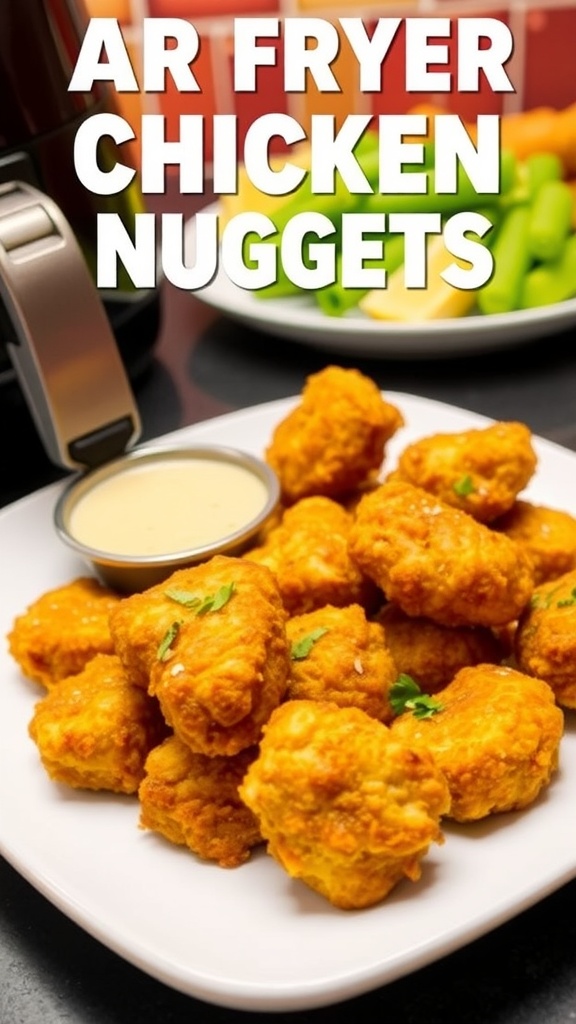 Crispy air fryer chicken nuggets on a plate with dipping sauce and parsley.
